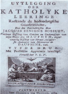 Titelblatt „Auslegung der katholischen Lehre“ für Frederik van Metelen, 1684, in der Metelener Stiftsbibliothek