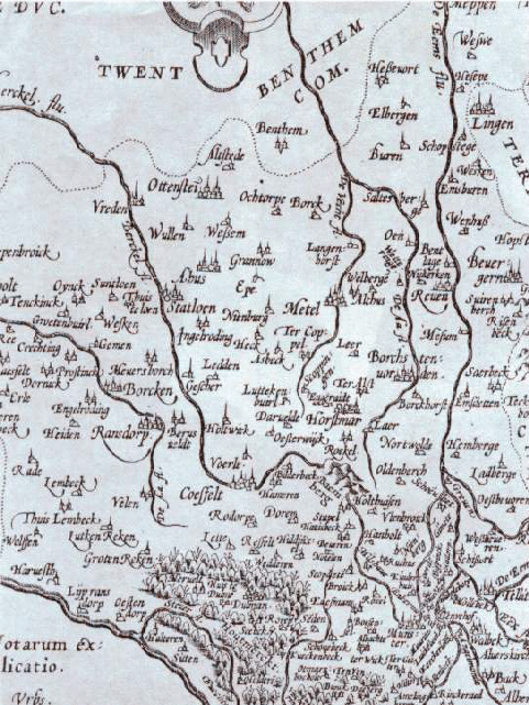 Ausschnitt aus einer Karte der Diozösen Münster und Osnabrück von 1590. Metelen als Metel bezeichnet.